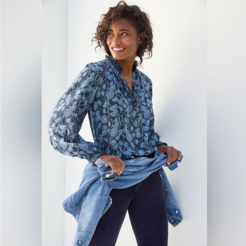 Maeve Anthropologie Colette Top sz Small Shirt Balloon Sleeve Floral Blue & Navy